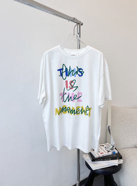 小众设计 23夏季 简约百搭时尚 彩色手绘涂鸦字母印花宽松短袖T恤