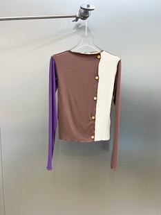22秋冬 时髦彩色拼接螺纹 圆领弹力修身 T恤 小众设计 短款 打底长袖