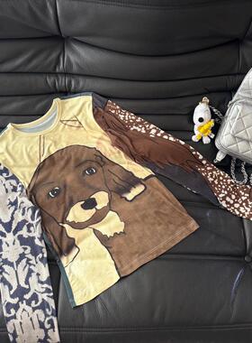 小众设计 24秋 复古青春博主款 汪喵星人印花弹力修身长袖打底衫