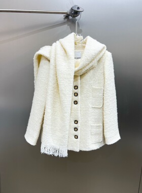 小众设计 23冬季 优雅气质错位口袋装饰可拆卸围巾宽松羊毛呢外套