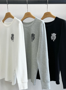 小众设计 25春 潮流青春 梵文宝剑藤曼印花圆领华夫格宽松长袖T恤