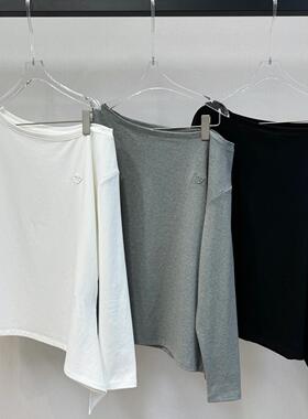 小众设计 24秋 慵懒青春 爱心刺绣斜肩一字领打结宽松长袖卫衣T恤