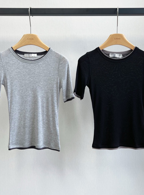 小众设计 25夏 经典简约百搭 撞色领口天丝假两件圆领修身短袖T恤