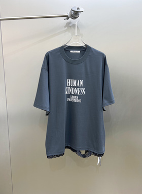 小众设计 23夏季 时髦百搭做旧水洗字母印花 蕾丝镶边宽松短袖T恤