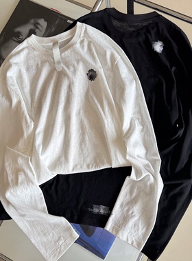 小众设计 24早秋 可甜可盐慵懒松弛感 梵文十字架刺绣防晒长袖T恤