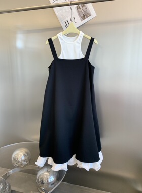 小众设计 24夏季 简约公主风褶皱花瓣下摆 撞色两件套吊带连衣裙