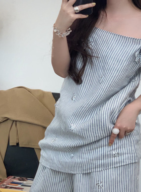 小众设计 25夏度假星星珠片绣花条纹可拆卸花朵吊带短裙长裤套装