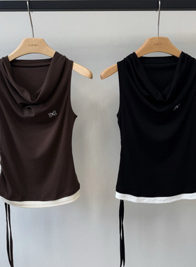 小众设计 25S 纯欲甜酷辣妹 字母刺绣假两件抽绳褶皱修身无袖背心