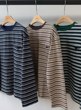 小众设计 25秋 慵懒松弛感 字母徽章撞色条纹拼接百搭宽松长袖T恤