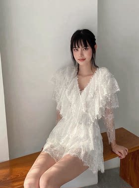 复古高腰层层蕾丝仙女风连体短裤