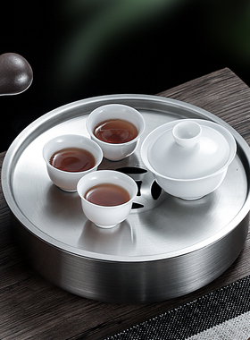 不锈钢304潮汕泡茶盘复古简约仿锡干湿茶承台船小型工夫茶具便携