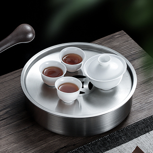 不锈钢304潮汕泡茶盘复古简约仿锡干湿茶承台船小型工夫茶具便携
