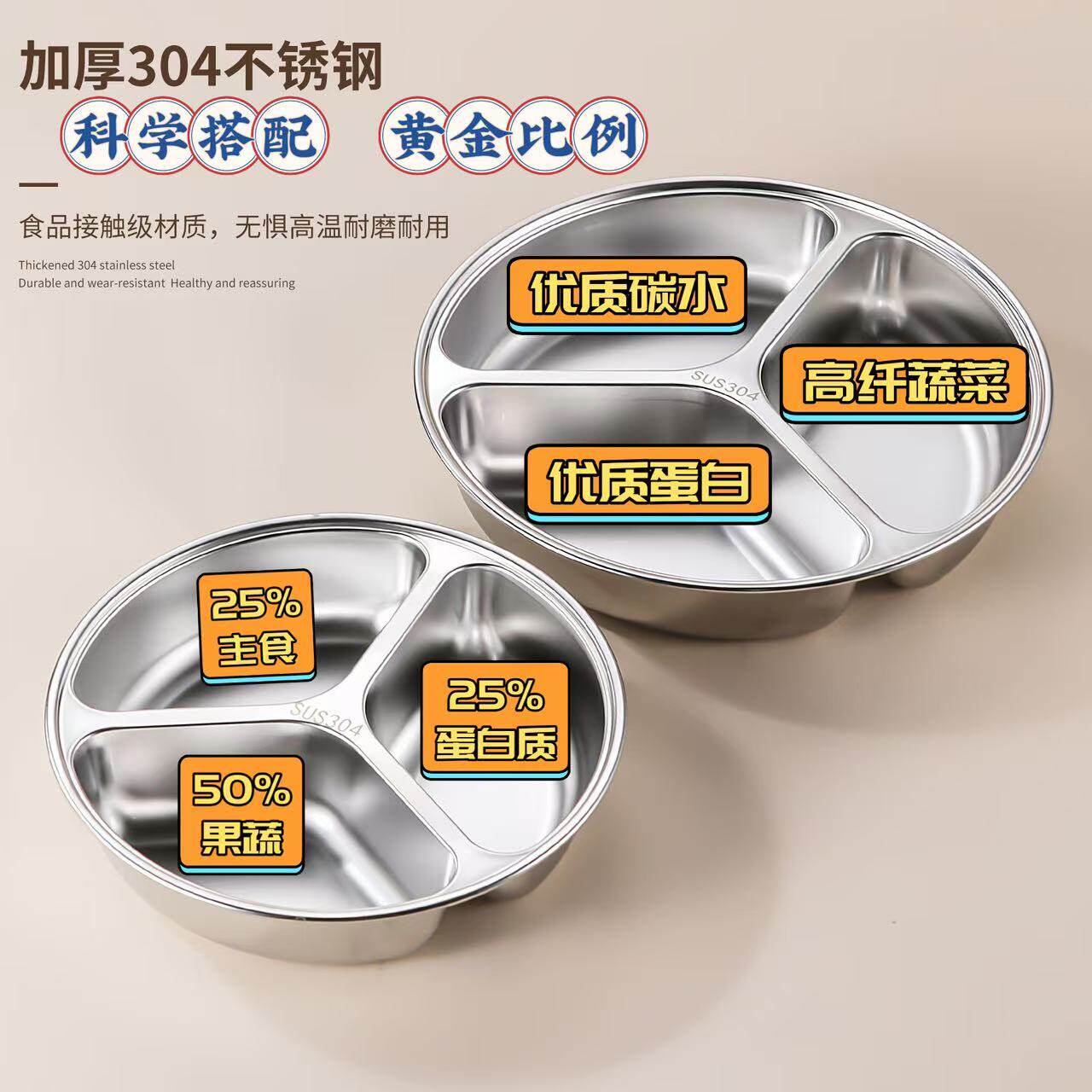 211分餐盘减肥健身专用304不锈钢三格盘孕妇定量减脂分隔盘子饭盒