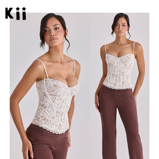 Kii美国正品House of CB白色花卉蕾丝鱼骨束腰后绑带胸衣 Solaine