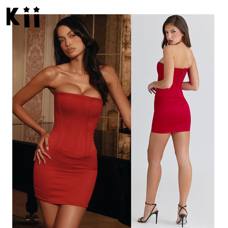 Kii美国代购House of CB派对晚宴25ss红色缎面无肩带沙漏迷你裙