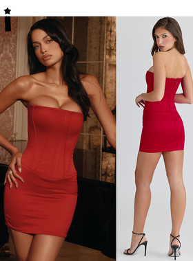 Kii美国代购House of CB派对晚宴25ss红色缎面无肩带沙漏迷你裙