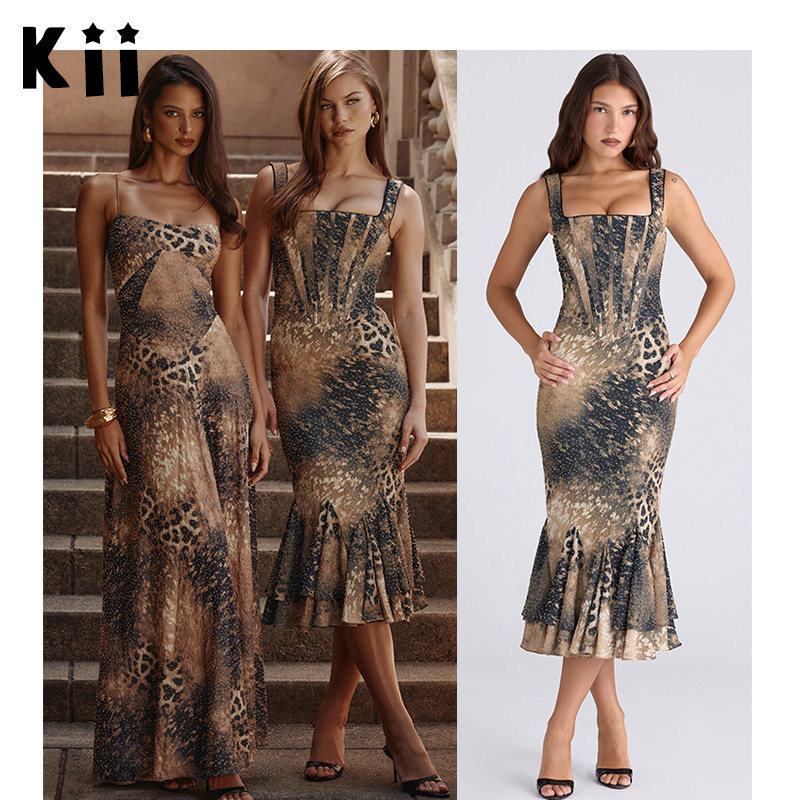Kii美国代购House of CB豹纹手工珠绣装饰吊带中长连衣裙礼服长裙