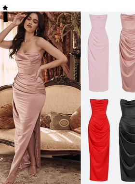 Kii正品在途House of CB高贵性感抹胸缎面褶皱礼服连衣裙Adrienne