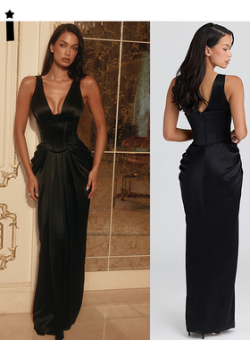 Kii美国正品在途House of CB新款黑色缎面束腰超长连衣裙Angeline