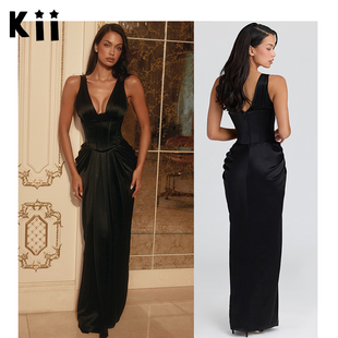 Kii美国正品在途House of CB新款黑色缎面束腰超长连衣裙Angeline