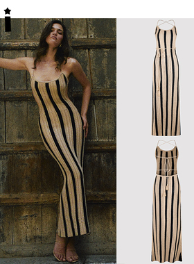 Kii正品部分现货Meshki长裙25ss条纹勾针编织露背鱼尾绑带连衣裙