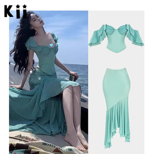 Kii正品美国House of CB迪迪不畏同款荷叶边袖胸衣鱼尾半裙套装