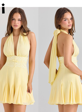 Kii正品在途House of CB 黄油黄色v领性感挂脖迷你连衣裙Ailani