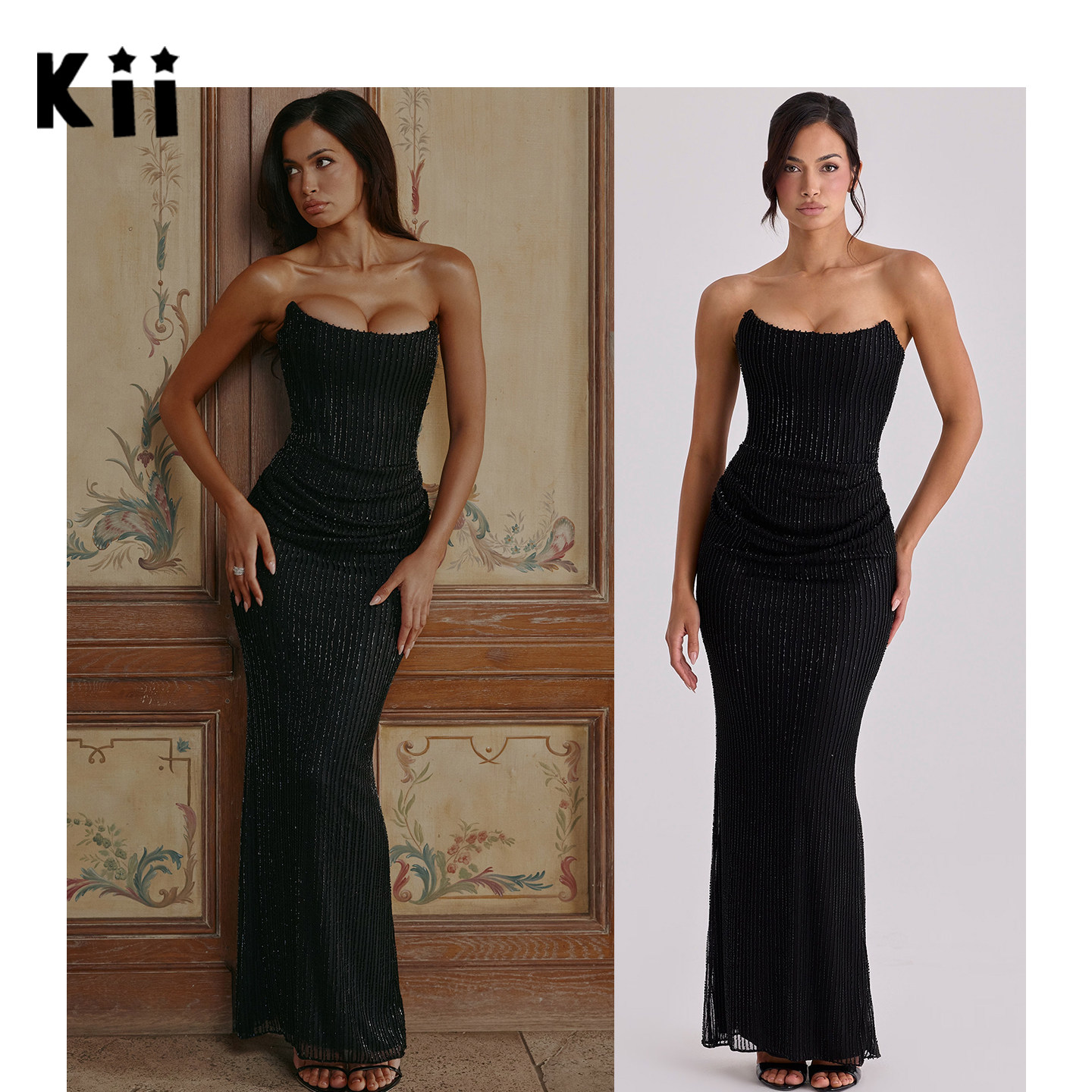 Kii美国在途House of CB 限量版 黑色手工珠绣超长裙礼服 Alicia