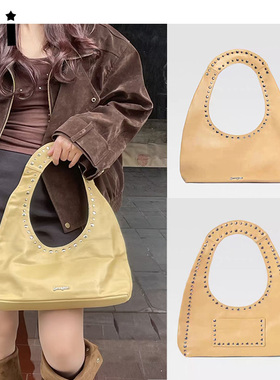 Kii现货正品折扣Gimaguas黄色羊皮单肩包手工铆钉包全皮手提包女