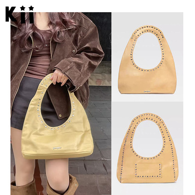 Kii现货正品折扣Gimaguas黄色羊皮单肩包手工铆钉包全皮手提包女