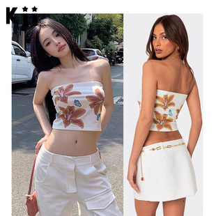 Kii正品现货折扣Edikted街头甜辣风百合花朵印花露脐裹胸背心上衣