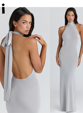 Kii美国正品Houseof CB优雅礼服微弹银灰色挂脖露背长连衣裙Nova