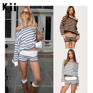 Kii部分现货美国正品Edikted休闲条纹一字领长袖宽松毛衣折叠短裤