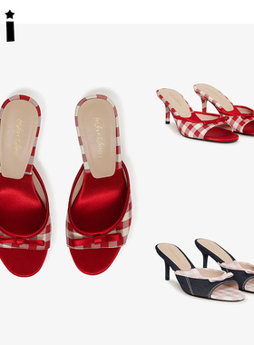 Kii美国代购For Love & Lemons 红色格纹露跟高跟鞋凉鞋Cassandra