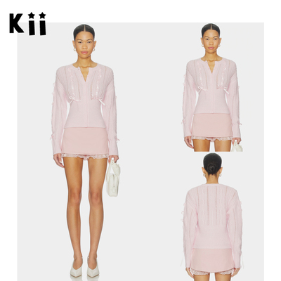 Kii少量现货正品Majorelle胭脂粉罗纹丝带饰短款开衫毛衣 LILYANA