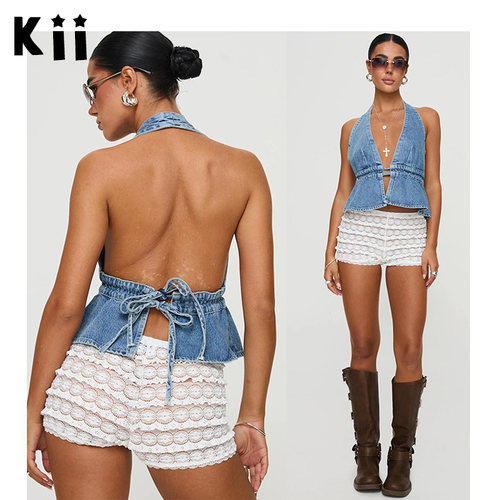 PrincessPolly牛仔漏背挂脖背心