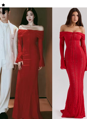 《鹦鹉梨严选》2825 House of CB 红色一字领花卉蕾丝礼服 Belle