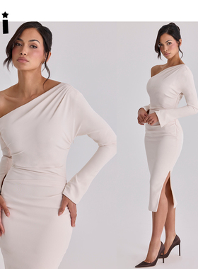 Kii美国正品House of CB复古奶油色斜肩垂坠绉纱中长连衣裙Arista