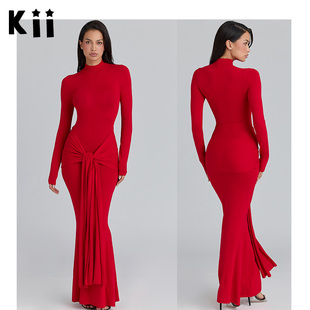 胯部垂坠长连衣裙Imogen CB礼服25秋冬红长袖 Kii美国代购 Houseof