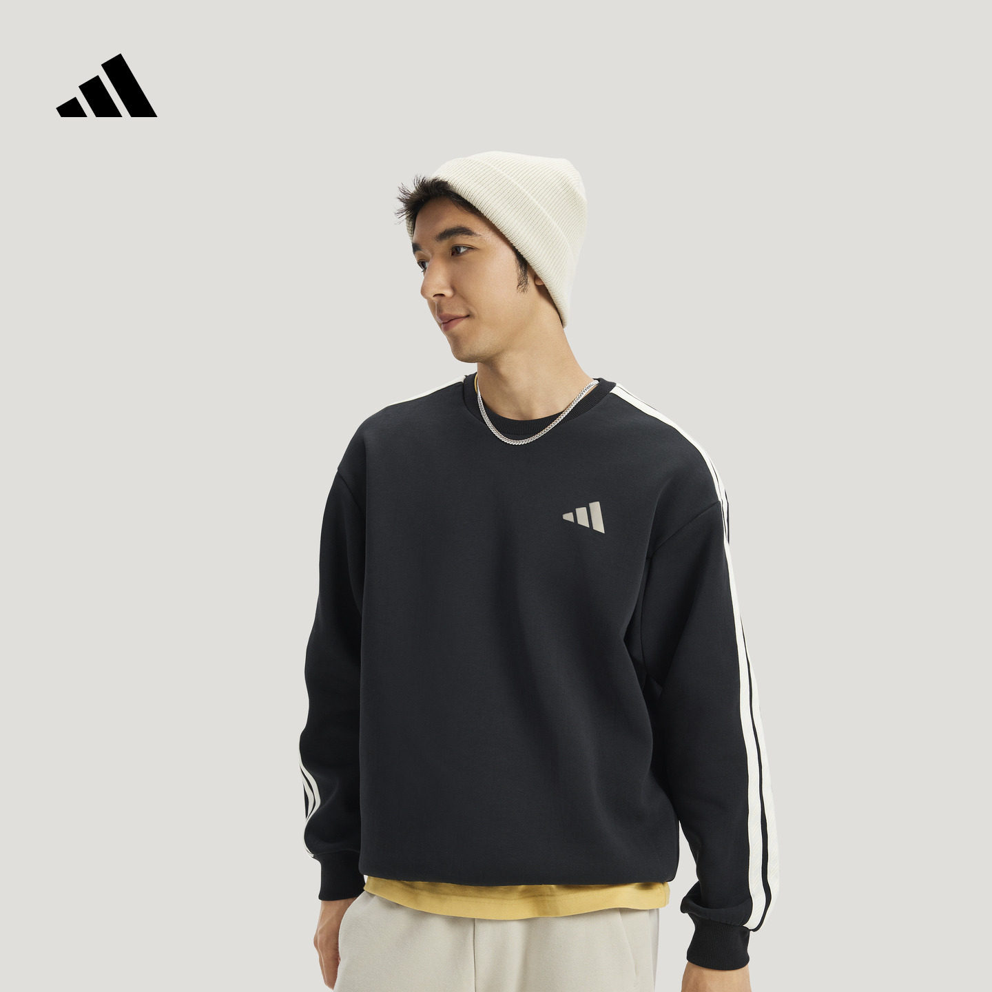 时尚休闲柔软三条纹宽松针织卫衣男秋冬adidas阿迪达斯官方轻运动