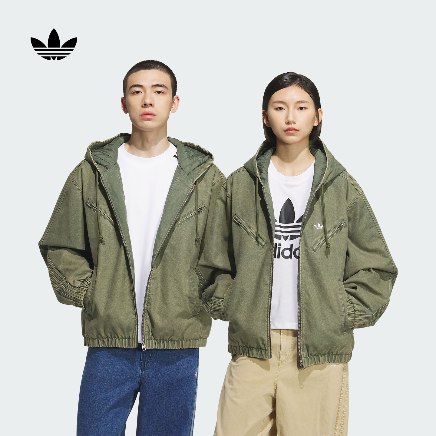 情侣款宽松舒适运动保暖连帽棉服男女秋冬adidas阿迪达斯三叶草