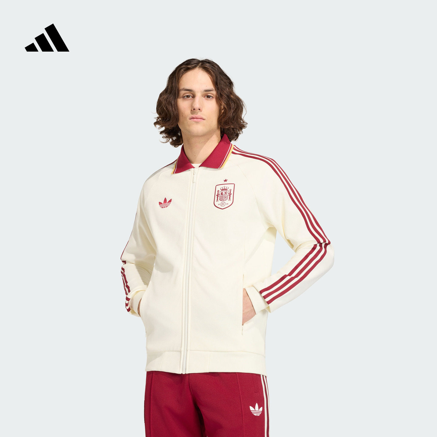 西班牙队客场复古足球休闲文化夹克外套男装adidas阿迪达斯