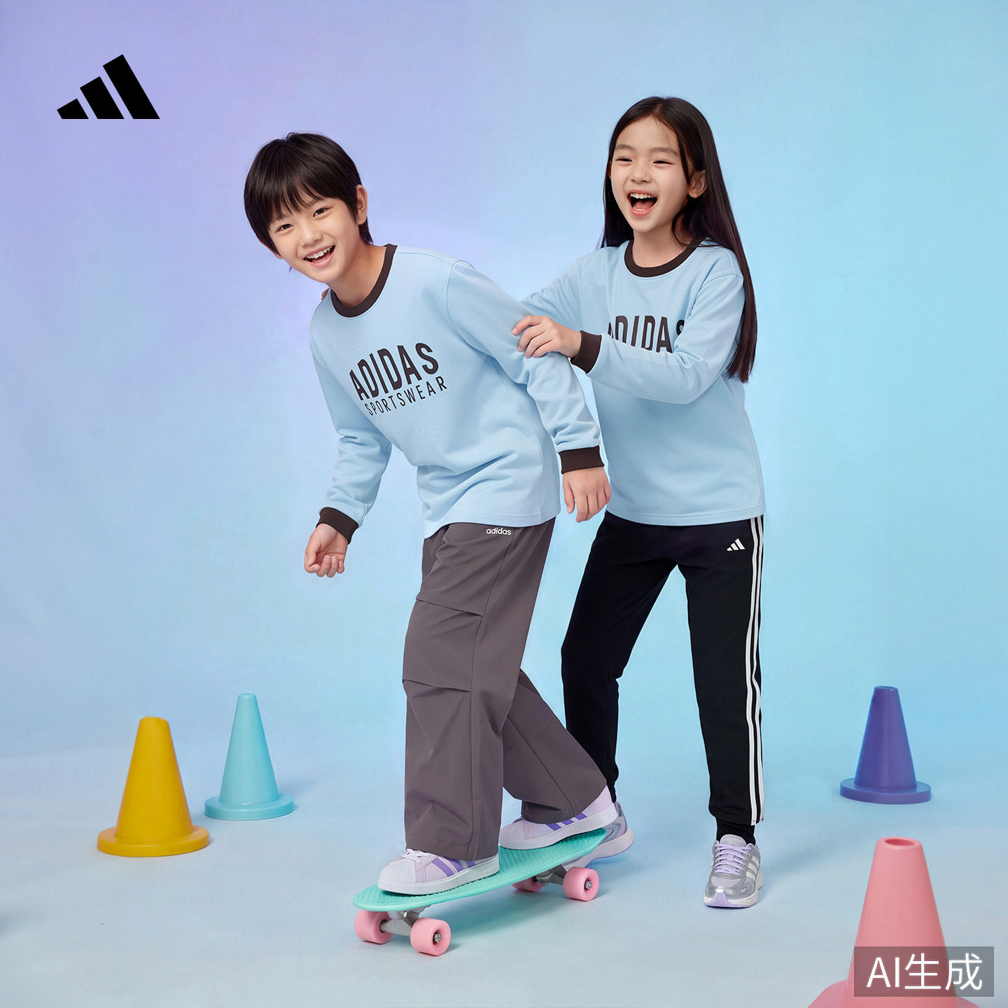 男女童宽松柔软休闲运动圆领长袖T恤儿童上衣秋季adidas阿迪达斯