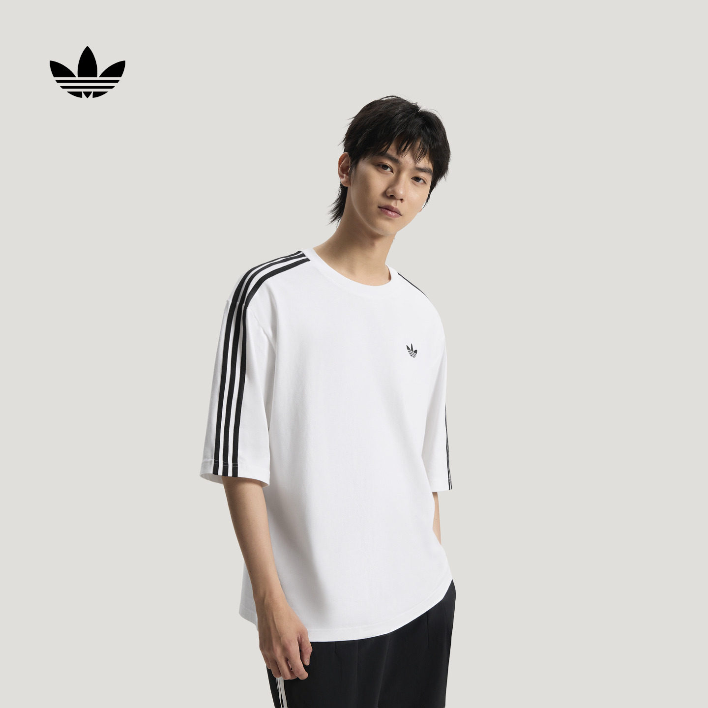 三条纹纯棉百搭宽松运动短袖T恤男adidas阿迪达斯三叶草