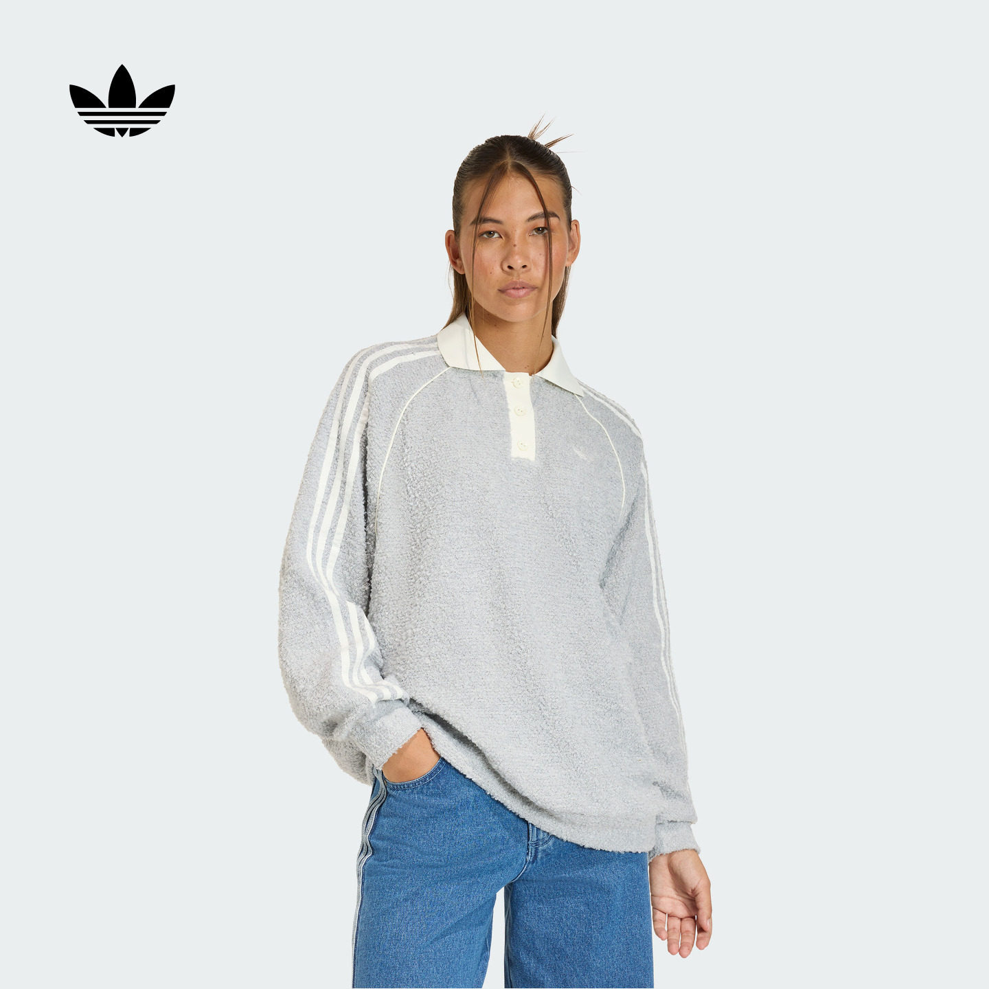 廓形毛绒舒适休闲运动长袖POLO衫女秋冬新款adidas阿迪达斯三叶草,运动服/休闲服装,运动POLO衫,淘宝优惠券,粉丝福利购,淘宝优惠卷