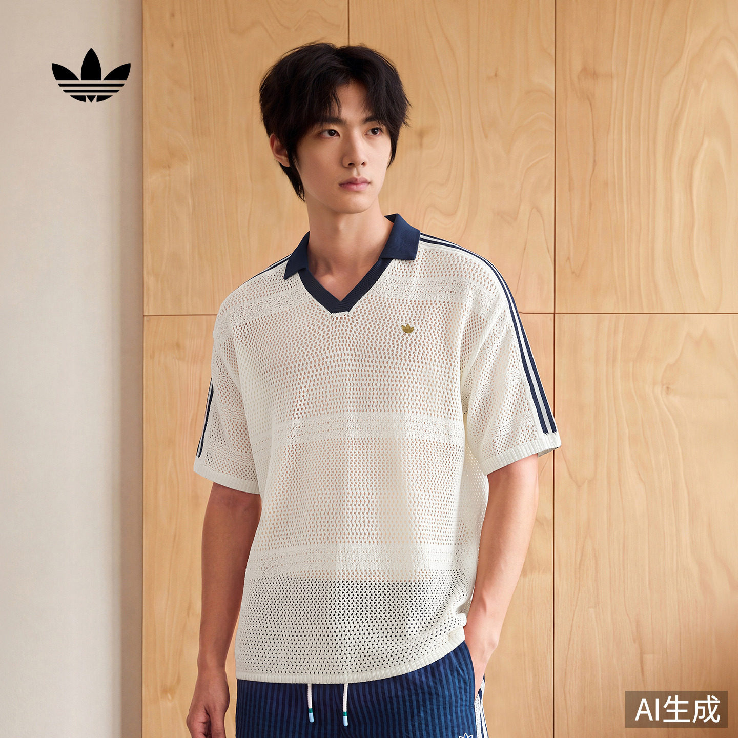 南法假日度假风镂空针织短袖POLO衫男女夏季adidas阿迪达斯三叶草