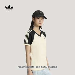 夏季 T恤女装 adidas阿迪达斯官方三叶草 运动上衣V领短袖 经典