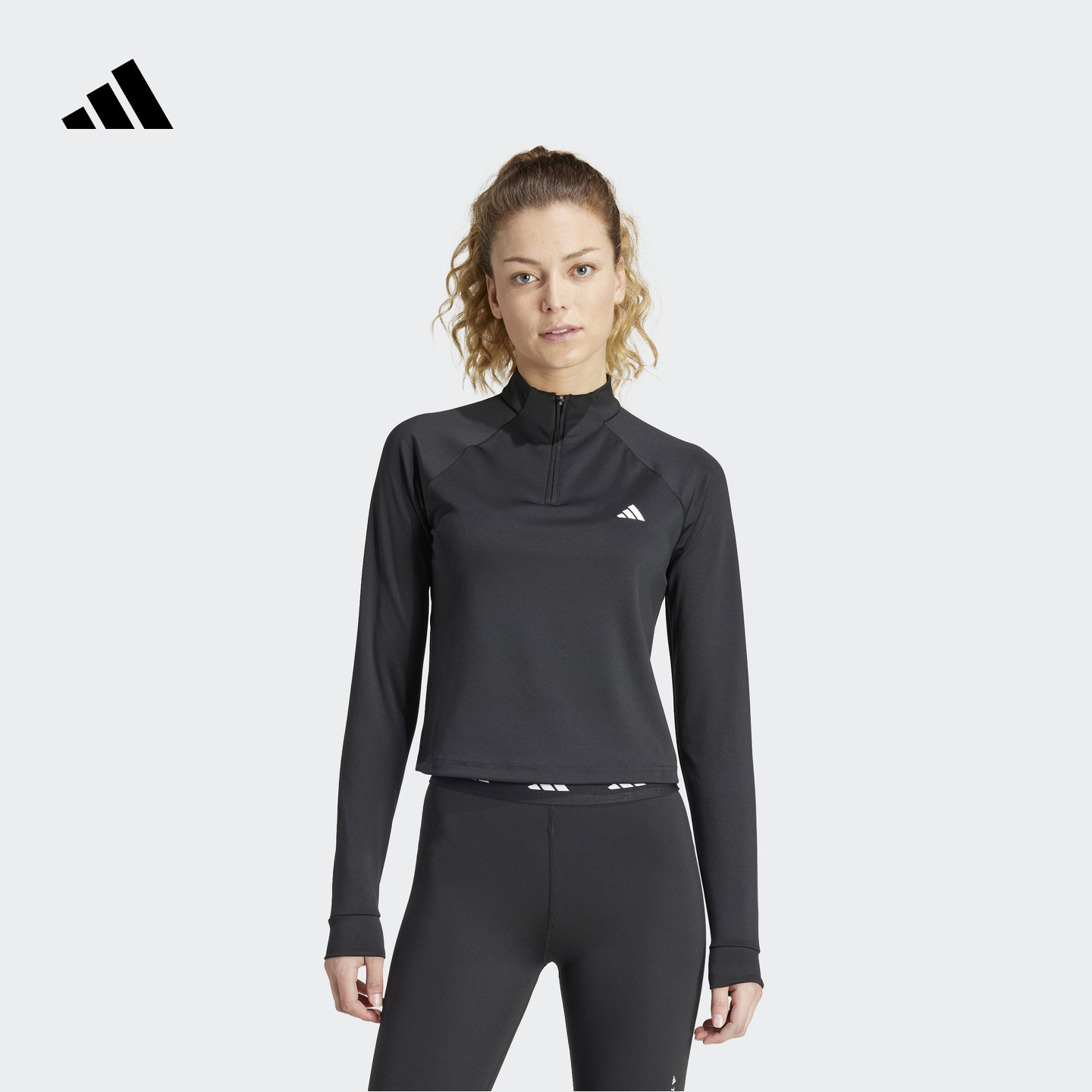 防晒UPF50+速干运动健身半拉链上衣套头衫女装夏季adidas阿迪达斯