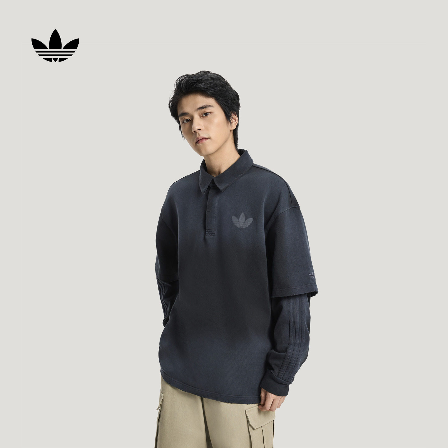 假两件纯棉百搭时尚宽松运动长袖POLO衫男装adidas阿迪达斯三叶草