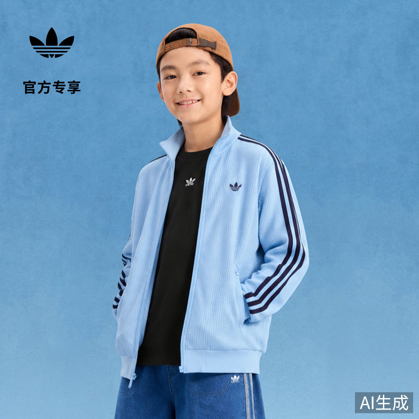 男大童三条纹宽松舒适华夫格运动夹克外套adidas阿迪达斯三叶草